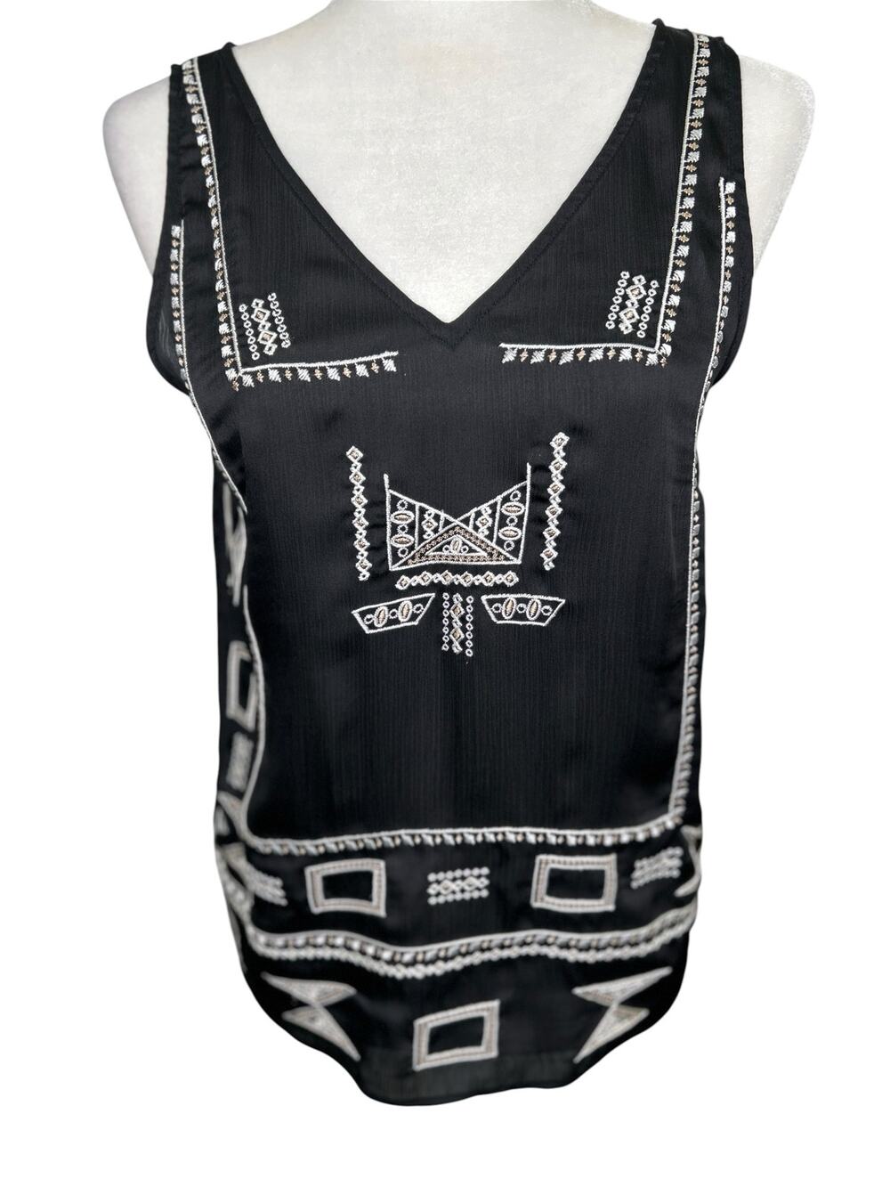 Laundry by Shelli Segal Black V-Neck Embroidered Tank Top Tribal Southwest